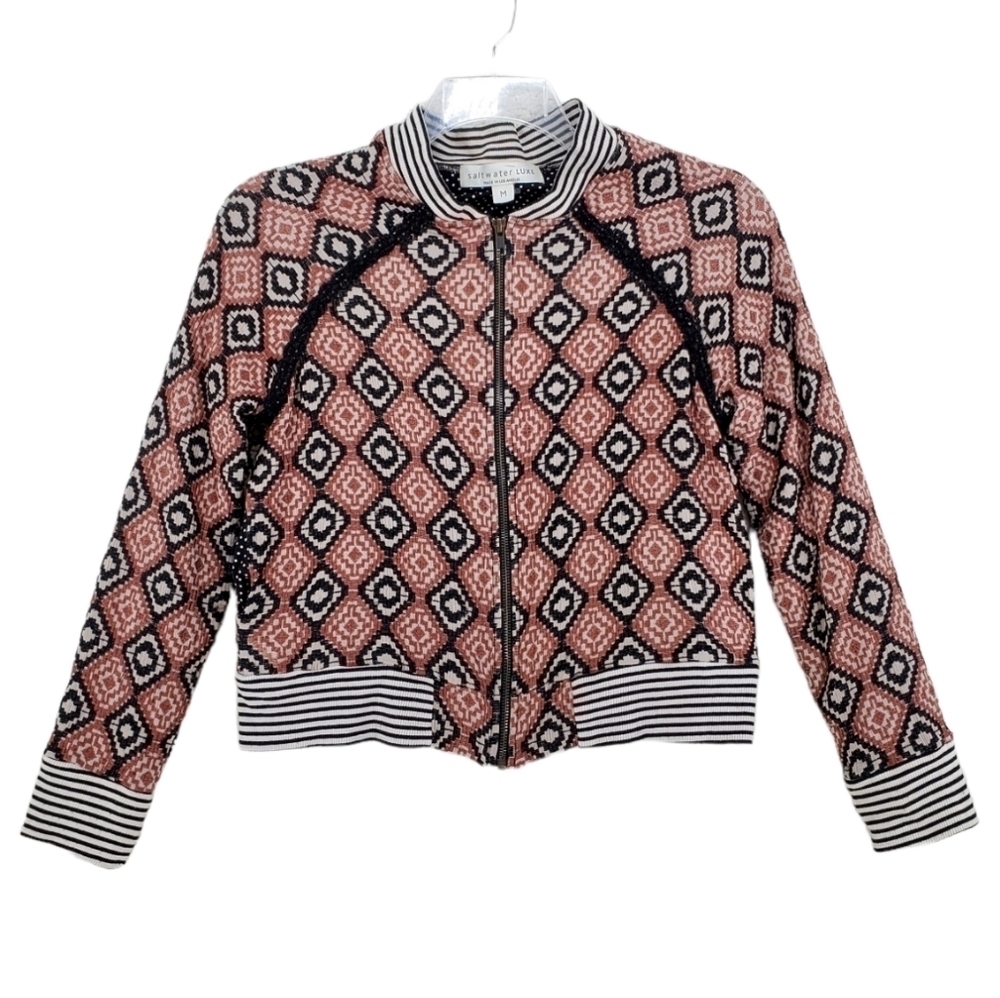 Saltwater Luxe Jacket Wmns M Brown Black White Aztec Crop Bomber Zip Up Lined